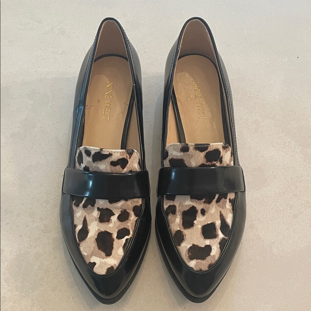 Nine West Black Patten and calf Hair Leopard Print Loafers